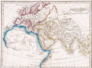 Mapa da Europa Norte da África e Ásia Ocidental, Orbis Veteribus Notus, de "O Atlas da Geografia Antiga", de Samuel Butler, publicado em Londres, c.1829